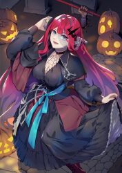 Rule 34 | 1girl, baobhan sith (fate), black capelet, black dress, bolt (hardware), breasts, capelet, choker, cleavage, dress, fate/grand order, fate (series), grey eyes, halloween, halloween costume, highres, jack-o&#039;-lantern, large breasts, long hair, long sleeves, looking at viewer, nakaga eri, object through head, open mouth, pink hair, pointy ears, pumpkin, screw in head, sidelocks, smile, solo, thighs