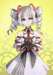 Rule 34 | 1girl, :i, absurdres, bare shoulders, black gloves, bronya zaychik, bronya zaychik (drive kometa), changeisgood, closed mouth, dress, drill hair, gloves, green background, grey eyes, grey skirt, hair between eyes, hair ornament, hand on own arm, highres, honkai (series), honkai impact 3rd, looking at viewer, looking to the side, skirt, solo, twin drills, white dress