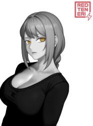 Rule 34 | black dress, braid, braided ponytail, breasts, chainsaw man, cleavage, dress, english text, greyscale, highres, large breasts, makima (chainsaw man), monochrome, redteneri, ringed eyes, white background, yellow eyes