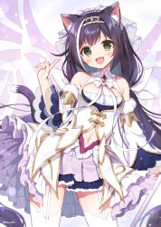 Rule 34 | 1girl, :d, animal ear fluff, animal ears, bare shoulders, black hair, blush, breasts, cat ears, cat girl, cat tail, cleavage, commentary request, commission, contrapposto, detached sleeves, frilled skirt, frills, garter straps, green eyes, hand up, index finger raised, juliet sleeves, karyl (princess) (princess connect!), karyl (princess connect!), long sleeves, low twintails, mauve, multicolored hair, navel, open mouth, pixiv commission, pleated skirt, princess connect!, puffy sleeves, purple skirt, skirt, sleeveless, small breasts, smile, solo, standing, streaked hair, tail, thighhighs, twintails, white hair, white sleeves, white thighhighs, wide sleeves