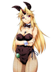 Rule 34 | 1girl, alternate costume, animal ears, bad id, bad pixiv id, bare shoulders, between breasts, blonde hair, blush, bow, bowtie, breasts, cleavage, detached collar, fishnet pantyhose, fishnets, horns, hoshiguma yuugi, large breasts, leotard, lighter, long hair, ootsuki wataru, pantyhose, playboy bunny, pointy ears, rabbit ears, red eyes, simple background, single horn, smile, solo, touhou, white background, wrist cuffs