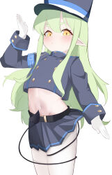 Rule 34 | 1girl, absurdres, armband, belt, black belt, black hat, black jacket, black skirt, black tail, blue archive, blue armband, blush, closed mouth, commentary request, cowboy shot, crop top, cropped jacket, gloves, green hair, groin, hand up, hat, highres, hikari (blue archive), jacket, long hair, long sleeves, looking at viewer, midriff, miniskirt, navel, pantyhose, peaked cap, pleated skirt, pointy ears, sidelocks, simple background, skirt, solo, standing, tail, tail around own leg, tsugumiyusa, white background, white gloves, white pantyhose, yellow eyes