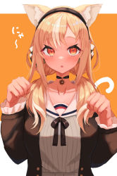 Rule 34 | 1girl, absurdres, animal ear fluff, animal ears, blonde hair, blush, bow, breasts, buttons, cat ears, choker, cleavage, collarbone, dark-skinned female, dark skin, frilled sleeves, frills, headphones, highres, hololive, hololive fantasy, inre kemomimi, long hair, long sleeves, looking at viewer, low twintails, multicolored hair, open mouth, paw pose, pinstripe pattern, pinstripe shirt, red eyes, sailor collar, school uniform, serafuku, shiranui flare, shiranui flare (street), shirt, solo, streaked hair, striped, twintails, upper body, virtual youtuber
