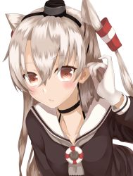 Rule 34 | 10s, 1girl, amatsukaze (kancolle), bad id, bad pixiv id, blonde hair, brown eyes, choker, commentary request, gloves, hair between eyes, hair tubes, hairband, hand on own ear, hat, kantai collection, lifebuoy, long hair, long sleeves, looking at viewer, mini hat, nam&#039;s, school uniform, sketch, solo, swim ring, takamiya nao, twintails, two side up, white background, white gloves