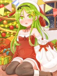 Rule 34 | 1girl, absurdres, black thighhighs, blush, boots, box, breasts, brown footwear, christmas, christmas tree, collarbone, crescent, crescent hair ornament, elbow gloves, gift, gift box, gloves, green eyes, green hair, hair ornament, hat, highres, kantai collection, long hair, nagatsuki (kancolle), open mouth, red gloves, sack, santa costume, santa hat, small breasts, solo, suzushiro (gripen39), thighhighs, window