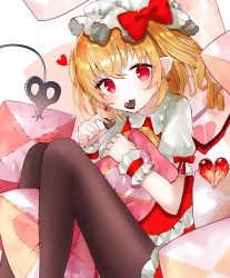 Rule 34 | 1girl, black pantyhose, blonde hair, blush, candy, chocolate, chocolate heart, commentary, earrings, flandre scarlet, food, food in mouth, hat, head tilt, heart, holding, holding pillow, jewelry, laevatein, looking at viewer, mob cap, one side up, pantyhose, pillow, pointy ears, puffy short sleeves, puffy sleeves, red eyes, red skirt, red vest, sakizaki saki-p, shirt, short hair, short sleeves, simple background, sitting, skirt, smile, solo, touhou, twitter username, valentine, vest, white background, white pantyhose, white shirt, wrist cuffs