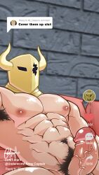 Rule 34 | 1boy, abs, armpit hair, armpits, bara, captain (ousama ranking), completely nude, couch, cover them up slut (meme), covet hiss, despa (ousama ranking), dialogue box, erection, fake horns, helmet, highres, horned helmet, horns, large pectorals, male focus, male pubic hair, meme, muscular, muscular male, navel, navel hair, nipples, nude, on couch, ousama ranking, pectorals, penis, pubic hair, sitting, solo, spread legs, stomach, uncensored, user interface, veins, veiny penis