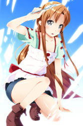 Rule 34 | 10s, 1girl, 2mota, alternate eye color, asuna (sao), black eyes, black skirt, brown hair, collarbone, female focus, holding, holding weapon, knife, long hair, looking at viewer, on one knee, open mouth, skirt, solo, sword art online, weapon