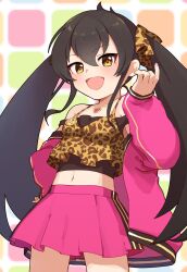 Rule 34 | 1girl, animal print, black hair, black shirt, blush, breasts, commentary, cowboy shot, eyelashes, hair between eyes, hair ribbon, hand up, heart, heart necklace, highres, idolmaster, idolmaster cinderella girls, jacket, jewelry, leopard print, long hair, long sleeves, looking at viewer, matoba risa, montamo739, multicolored background, navel, necklace, open mouth, pink jacket, pink skirt, ribbon, shirt, sidelocks, skirt, small breasts, smile, solo, symbol-only commentary, tank top, thighs, twintails, yellow eyes, yellow ribbon, yellow shirt