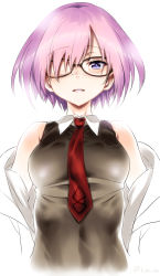 Rule 34 | 1girl, bare shoulders, black-framed eyewear, blush, fate/grand order, fate (series), glasses, hair over one eye, highres, inu (aerodog), jacket, looking at viewer, mash kyrielight, necktie, one eye covered, open clothes, open jacket, purple eyes, purple hair, shirt, short hair, sleeveless, sleeveless shirt, solo, twitter username, white background