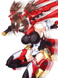 Rule 34 | 1girl, afterimage, armor, armpits, blue eyes, breasts, breasts apart, brown hair, character request, copyright request, covered mouth, covered navel, doll joints, faulds, from side, gorget, greaves, hair over one eye, highres, holding, holding sword, holding weapon, joints, kurokawa (silve), large breasts, leaning forward, legs apart, leotard, looking at viewer, mask, mecha musume, mouth mask, parted bangs, simple background, skin tight, solo, sword, twintails, weapon, white background