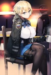 Rule 34 | 1boy, 1girl, arm support, bad id, bad pixiv id, belt, black gloves, black jacket, black pantyhose, blonde hair, blue belt, blue eyes, blue neckerchief, blue skirt, breasts, buckle, button gap, car, chair, closed mouth, collared shirt, commentary request, cowboy shot, crossed legs, cup, gas mask, girls&#039; frontline, gloves, hair between eyes, hair ornament, holding, holding cup, jacket, large breasts, long sleeves, looking at viewer, magazine (weapon), mask, mole, mole under eye, motor vehicle, neckerchief, night, open clothes, open jacket, outdoors, pantyhose, police car, pouch, shirt, shirt tucked in, short hair, sidelocks, sitting, skirt, smoke, snap-fit buckle, snowflake hair ornament, standing, steam, striped neckerchief, striped neckwear, suminagashi, table, thigh pouch, underbust, uniform, vsk-94 (girls&#039; frontline), white shirt