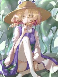 Rule 34 | 1girl, blonde hair, breasts, brown hat, closed mouth, dress, eyes visible through hair, finger to mouth, foot out of frame, gumi (fwjn7284), hair over eyes, hat, highres, knee up, leaf, looking at viewer, moriya suwako, parted bangs, purple dress, pyonta, shirt, short hair, sidelocks, sitting, small breasts, smile, solo, thighhighs, touhou, turtleneck, underwater, white shirt, white thighhighs, wide sleeves, yellow eyes