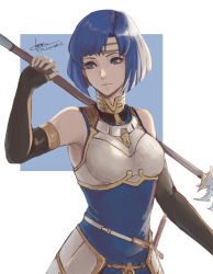 1girl armor bare_shoulders blue_eyes blue_hair breasts catria_(fire_emblem) cm_lynarc elbow_gloves fingerless_gloves fire_emblem gloves headband highres holding holding_spear holding_weapon medium_breasts nintendo polearm short_hair signature solo spear sword upper_body weapon white_background