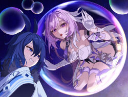 2girls :o bare_shoulders blue_eyes breasts bubble character_request cleavage commentary_request commission copyright_request diamond-shaped_pupils diamond_(shape) elysia_(herrscher_of_human:_ego)_(honkai_impact) elysia_(honkai_impact) gloves grin hair_between_eyes highres honkai_(series) honkai_impact_3rd large_breasts legs_together long_hair looking_at_another multiple_girls nagonako open_mouth pink_hair pink_pupils purple_eyes purple_hair skeb_commission smile symbol-shaped_pupils teeth white_gloves