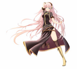 Rule 34 | 1girl, aqua eyes, arm up, belt, black dress, black legwear, boots, covered navel, cross-laced footwear, dress, full body, hairband, highres, knee boots, long hair, megurine luka, nail polish, pink hair, see-through, simple background, solo, very long hair, vocaloid, white background, yeluno meng