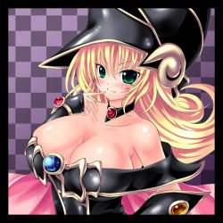 Rule 34 | 1girl, bare shoulders, black gloves, blonde hair, blue gloves, blush, breasts, choker, cleavage, collarbone, duel monster, fingerless gloves, gloves, green eyes, hat, hexagon, hexagram, jewelry, kogarashi (wind of winter), large breasts, long hair, magi magi magician gal, necklace, pentacle, smile, solo, star (symbol), upper body, witch hat, wizard hat, yu-gi-oh!, yu-gi-oh! duel monsters, yu-gi-oh! zexal, yuu-gi-ou, yuu-gi-ou zexal