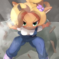 Rule 34 | 1girl, blonde hair, blue overalls, blush, breasts, closed mouth, coco bandicoot, commentary request, crash bandicoot (series), defeat, feet out of frame, flower, frown, furry, furry female, green eyes, hair flower, hair ornament, lets0020, long hair, looking at viewer, overalls, pink footwear, purple flower, scratches, shirt, shoes, short sleeves, sitting, small breasts, solo, tearing up, v-shaped eyebrows, white shirt