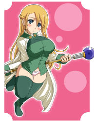 Rule 34 | 1girl, :o, akino hamo, blonde hair, blue eyes, blush, bow, bow panties, braid, breasts, buttons, cape, covered erect nipples, fantasy, french braid, full body, green thighhighs, hair between eyes, halftone, head tilt, holding, holding weapon, large breasts, leg lift, long hair, long sleeves, looking at viewer, midriff peek, mint (summon night), mole, mole under eye, no pants, open mouth, orb, outline, panties, pink background, shirt, sleeve cuffs, solo, staff, standing, standing on one leg, summon night, summon night 4, taut clothes, taut shirt, thighhighs, underwear, very long hair, weapon, white panties