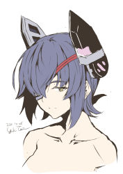 Rule 34 | 1girl, artist name, bare shoulders, closed mouth, collarbone, dated, eyepatch, hair over one eye, headgear, highres, kantai collection, purple hair, short hair, simple background, solo, taira yuuki, tenryuu (kancolle), upper body, white background, yellow eyes