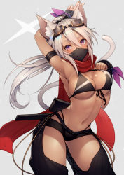 Rule 34 | &gt;:), 1girl, animal ear fluff, animal ears, arm behind head, arm strap, arm up, armpits, belt, belt buckle, bikini, bikini under clothes, black bikini, black shorts, blush, breasts, buckle, cat ears, cat girl, cat tail, cleavage, closed mouth, contrapposto, cowboy shot, dark-skinned female, dark skin, front-tie bikini top, front-tie top, gluteal fold, goggles, goggles on head, grey background, hair between eyes, hand on own chest, kyoeiki, large breasts, long hair, looking at viewer, low ponytail, mask, mouth mask, navel, original, purple eyes, red scarf, scarf, see-through, sheath, sheathed, short shorts, shorts, silver hair, simple background, smile, solo, stomach, swimsuit, sword, tail, underboob, v-shaped eyebrows, weapon, weapon on back