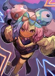 Rule 34 | 1girl, 9302w (user wjpg8475), blue hair, bow-shaped hair, character hair ornament, clenched teeth, creatures (company), from above, full body, game freak, grey footwear, hair ornament, highres, iono (pokemon), jacket, long sleeves, looking at viewer, multicolored hair, nintendo, oversized clothes, pink eyes, pink hair, pokemon, pokemon sv, sharp teeth, single leg pantyhose, smile, solo, teeth, thigh strap, two-tone hair, wide sleeves, yellow jacket