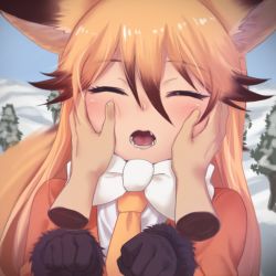 Rule 34 | 10s, 1girl, animal ears, black gloves, blush, bow, bowtie, brown hair, closed eyes, disembodied hand, ezo red fox (kemono friends), fangs, fox ears, fox girl, fox tail, fur-trimmed sleeves, fur trim, gloves, hair between eyes, hands on another&#039;s cheeks, hands on another&#039;s face, jacket, kemono friends, long hair, long sleeves, nyifu, open mouth, orange hair, orange jacket, snow, straight hair, tail, teeth, tree, upper body, white bow, white neckwear, yellow neckwear