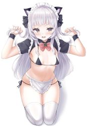 Rule 34 | 1girl, adapted costume, alternate costume, animal ear fluff, animal ears, apron, bikini, black bikini, black ribbon, blunt bangs, blush, bow, bowtie, breasts, cat ears, commentary, embarrassed, enmaided, frilled sleeves, frills, full body, hair ribbon, highres, holding, holding own hair, hololive, kemonomimi mode, long hair, looking at viewer, maid, maid apron, maid headdress, micro bikini, multicolored eyes, murasaki shion, navel, nekohuman221 (tsun221), open mouth, pink bow, pink bowtie, purple eyes, ribbon, seiza, short sleeves, shrug (clothing), side-tie bikini bottom, silver hair, simple background, sitting, small breasts, solo, stomach, straight hair, string bikini, sweatdrop, swimsuit, thighhighs, thighs, two side up, virtual youtuber, white background, white thighhighs, wrist cuffs, yellow eyes