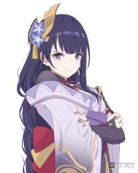 Rule 34 | 1girl, absurdres, armor, asiri senpai, black hair, blunt bangs, bow, bowtie, bridal gauntlets, commentary, crossed arms, english commentary, genshin impact, hair ornament, highres, japanese clothes, long hair, long sleeves, looking at viewer, mole, mole under eye, multicolored hair, obi, obiage, purple eyes, raiden shogun, sash, shoulder armor, sidelocks, simple background, smile, solo, streaked hair, two-tone hair, v-shaped eyebrows, white background, wide sleeves