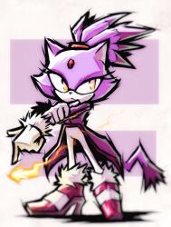 Rule 34 | 1girl, animal ears, blaze the cat, cat ears, cat girl, cat tail, fire, forehead jewel, fur-trimmed footwear, fur-trimmed gloves, fur trim, furry, furry female, gloves, highres, hoodedmask, jacket, pants, pink footwear, ponytail, purple fur, purple jacket, sonic (series), tail, white gloves, white pants, yellow eyes
