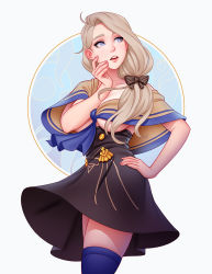 Rule 34 | 1girl, black skirt, blonde hair, blue eyes, bow, breasts, capelet, cleavage, commentary, fire emblem, fire emblem: three houses, garreg mach monastery uniform, gold trim, hair bow, hair ornament, hand on own hip, hand on own cheek, hand on own face, highres, large breasts, long hair, looking to the side, mercedes von martritz, nail polish, nintendo, no bra, no shirt, simple background, skirt, thighhighs, thighs, tsuaii, wind, wind lift