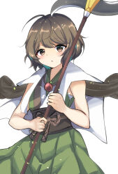Rule 34 | 1other, androgynous, bow, brown bow, brown eyes, brown hair, brown sash, chest sarashi, commentary request, eyelashes, green kimono, highres, holding, holding polearm, holding weapon, jacket, jacket on shoulders, japanese clothes, jewelry, kimono, len&#039;en, light blush, looking at viewer, loose hair strand, necklace, ogata garaiya, ougi hina, parted lips, polearm, sarashi, short hair, sleeveless, sleeveless kimono, solo, waist bow, weapon, white background, white jacket