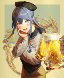 Rule 34 | 1girl, 9-ga, alcohol, artist name, beer, beer mug, beret, black hat, blue eyes, blue hair, breasts, cup, dated, gotland (kancolle), hair between eyes, hat, highres, holding, holding cup, kantai collection, long sleeves, looking at viewer, medium breasts, medium hair, mole, mole under eye, mug, open mouth, ribbed sweater, signature, smile, solo, sweater, upper body, wheat, white sweater