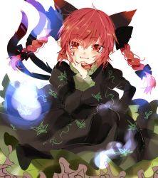 Rule 34 | 1girl, :3, animal ears, blue fire, blush, bow, braid, cat ears, cat tail, dress, extra ears, fangs, fangs out, fingernails, fire, ghost, green dress, hand on own chin, highres, hitodama, kaenbyou rin, looking at viewer, multiple tails, nail polish, one-hour drawing challenge, pointy ears, red eyes, red hair, satoupote, sharp fingernails, sitting, slit pupils, smile, solo, tail, touhou, twin braids, two tails, white background