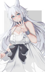 Rule 34 | 1girl, absurdres, animal ears, black bow, blue eyes, blush, bow, breasts, dress, extra ears, highres, jewelry, large breasts, long hair, looking at viewer, milephunter, original, pointy ears, ring, smile, solo, two-tone background, white dress, white hair, wolf ears