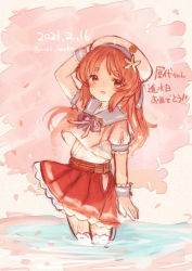 Rule 34 | 1girl, blue sailor collar, brown eyes, brown hair, cowboy shot, dated, gloves, happy birthday, hat, hip vent, kantai collection, long hair, looking at viewer, one-hour drawing challenge, one side up, pleated skirt, puffy short sleeves, puffy sleeves, red skirt, sailor collar, sailor hat, sailor shirt, shirt, short sleeves, skirt, soaking feet, solo, standing, thighhighs, twitter username, wading, wavy hair, white gloves, white hat, white shirt, white thighhighs, wss (nicoseiga19993411), yashiro (kancolle)