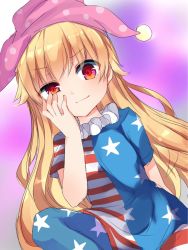 Rule 34 | 1girl, american flag, american flag dress, arm behind back, bad id, bad twitter id, blonde hair, closed mouth, clownpiece, cowboy shot, frilled shirt collar, frills, hand on own cheek, hand on own face, hand up, hat, highres, jester cap, karasusou nano, long sleeves, looking at viewer, multicolored eyes, polka dot, short sleeves, solo, touhou