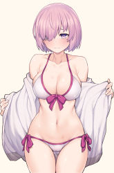 Rule 34 | 1girl, 3:, bare shoulders, beige background, bikini, blush, bow, breasts, cleavage, closed mouth, collarbone, commentary request, cowboy shot, embarrassed, fate/grand order, fate (series), front-tie bikini top, front-tie top, hair over one eye, halterneck, highres, jacket, jp06, large breasts, light purple hair, looking at viewer, mash kyrielight, mash kyrielight (swimsuit of perpetual summer), navel, off shoulder, official alternate costume, open clothes, open jacket, pink bow, purple eyes, short hair, side-tie bikini bottom, simple background, solo, standing, string bikini, swimsuit, thigh gap, white bikini