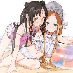 Rule 34 | 2girls, :o, abigail williams (fate), abigail williams (swimsuit foreigner) (fate), abigail williams (swimsuit foreigner) (third ascension) (fate), all fours, babydoll, bare shoulders, beach, bikini, blonde hair, blue eyes, bonnet, breasts, brown hair, collarbone, fate/grand order, fate (series), frilled bikini, frilled one-piece swimsuit, frilled swimsuit, frills, highres, innertube, long hair, looking at viewer, lounging, muchi maro, multiple girls, navel, one-piece swimsuit, open mouth, outdoors, parted bangs, pink babydoll, sand, sessyoin kiara, sessyoin kiara (lily), sidelocks, small breasts, smile, stomach, swim ring, swimsuit, white bikini, yellow eyes