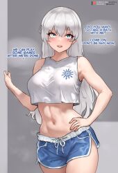 Rule 34 | 1girl, alternate costume, bare shoulders, blue eyes, blue shorts, bluefield, breasts, commentary, crop top, drawstring, english text, hair down, hand on own hip, hand up, highres, long hair, looking at viewer, medium breasts, midriff, navel, open mouth, paid reward available, patreon username, rwby, scar, scar across eye, scar on face, shirt, short shorts, shorts, solo, steaming body, stomach, twitter username, weiss schnee, white hair, white shirt