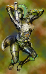 Rule 34 | 1girl, armor, arms up, breastplate, full body, helmet, holding, holding behind back, hourglass, huujyu, kamen rider, kamen rider w, machinery, monster, solo, yesterday dopant