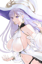 Rule 34 | 1girl, azur lane, bare shoulders, black panties, breasts, crescent, crescent earrings, detached sleeves, dress, earrings, estelle8js, front slit, grey hair, guichen (azur lane), halter dress, halterneck, hat, highres, jewelry, large breasts, light purple hair, long hair, looking at viewer, mole, mole under mouth, navel, no bra, panties, parted lips, puffy detached sleeves, puffy sleeves, purple eyes, revealing clothes, see-through, see-through sleeves, sideboob, simple background, skindentation, solo, underwear, upper body, white background, white dress, white hat, witch hat