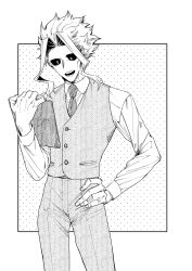 Rule 34 | 1boy, biru (k22 t20), boku no hero academia, collared shirt, commentary request, greyscale, highres, holding, long sleeves, male focus, monochrome, necktie, open mouth, pants, shirt, short hair, short hair with long locks, simple background, solo, standing, teeth, vest, white background, yagi toshinori