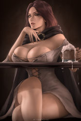 Rule 34 | 1girl, alcohol, beer, beer mug, breast press, breasts, brown eyes, brown hair, cleavage, crossed legs, cup, dress, elden ring, female focus, from software, highres, hood, large breasts, looking at viewer, low-cut, medium hair, melina (elden ring), mug, namco, one eye closed, solo, strapless, strapless dress, table, thick thighs, thighs, wtparadise