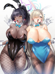Rule 34 | 2girls, absurdres, alternate breast size, asuna (blue archive), asuna (bunny) (blue archive), bare shoulders, black leotard, blue archive, bow, bowtie, breasts, collarbone, curvy, dark-skinned female, dark skin, earrings, fellatio gesture, heavy breathing, highleg, highleg leotard, highres, huge breasts, jewelry, karin (blue archive), karin (bunny) (blue archive), leotard, long hair, mole, mole on breast, multiple girls, naughty face, pantyhose, playboy bunny, shiny skin, sinkai, steaming body, thong leotard, tongue, tongue out, traditional bowtie, very long hair