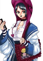 Rule 34 | 1girl, bag, black choker, black hair, blue jacket, breasts, cellphone, character doll, choker, cleavage, donquixote rocinante, earrings, finger tattoo, frilled jacket, frills, genderswap, genderswap (mtf), hat, holding, holding phone, hood, jacket, jewelry, large breasts, long sleeves, namnam op, one piece, open clothes, open mouth, phone, red nails, school uniform, shirt, short hair, skirt, sleeves past wrists, smartphone, solo, tattoo, trafalgar law, white shirt