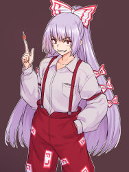 Rule 34 | bow, brown background, collared shirt, cowboy shot, fire, fujiwara no mokou, grey hair, hair bow, highres, kakone, long hair, long sleeves, looking at viewer, multicolored bow, multiple bows, ofuda, ofuda on clothes, open mouth, pants, pocket, pyrokinesis, red bow, red eyes, red pants, shirt, simple background, smile, smoking, solo, standing, suspenders, teeth, touhou, white bow, white shirt