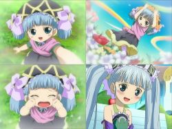 Rule 34 | 00s, 1girl, aged down, bare shoulders, blue eyes, blue hair, blunt bangs, blush, collarbone, comic, crying, detached sleeves, from above, gretel, gretel (otogi-jushi akazukin), jewelry, long hair, long sleeves, looking at viewer, looking up, mirror, necklace, open mouth, otogi-juushi akazukin, ribbon, rubbing eyes, screencap, short hair, skirt, smile, tears, twintails, upper body, very long hair