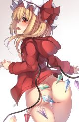 Rule 34 | 1girl, alternate costume, ass, blonde hair, blush, bottomless, breasts, cowboy shot, crystal, flandre scarlet, from behind, hat, highres, hood, hood down, hoodie, janne cherry, long sleeves, mob cap, naked hoodie, no panties, open clothes, open hoodie, profile, red eyes, red ribbon, ribbon, side ponytail, small breasts, solo, touhou, wings