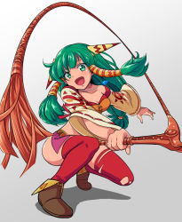 Rule 34 | 1girl, :d, blush, breasts, brown footwear, cleavage, collarbone, feena (grandia), full body, gradient background, grandia, grandia i, green eyes, green hair, hair tubes, holding, holding whip, kayama kenji, long hair, long sleeves, looking at viewer, low-tied long hair, medium breasts, open mouth, red thighhighs, ribbon-trimmed sleeves, ribbon trim, shadow, smile, solo, squatting, thighhighs, tiptoes, whip, wide sleeves